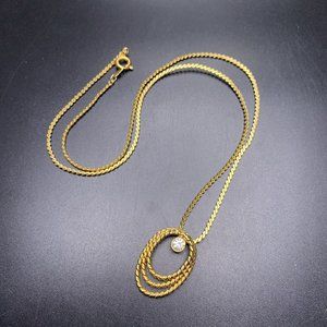 Dainty Pendant Necklace Gold Tone Rope Texture Clear Rhinestone Simple Vintage